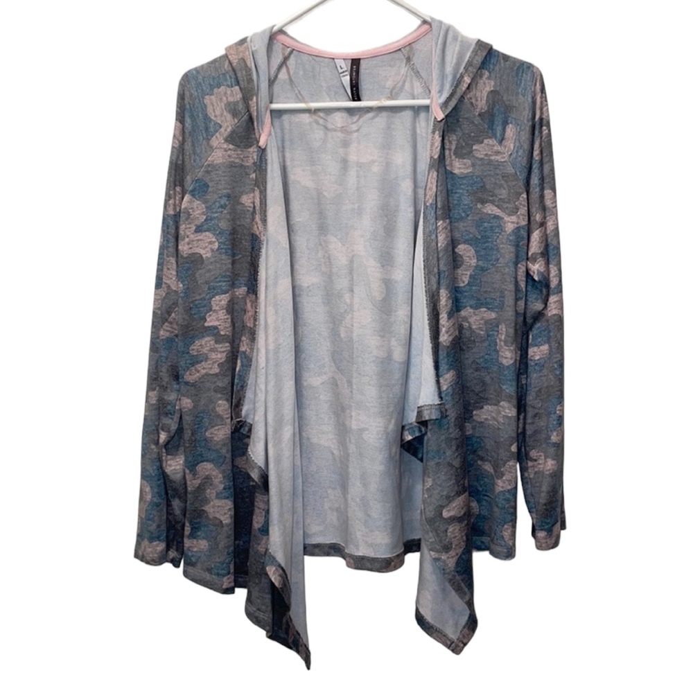 •JACLYN INTIMATES•GRAY/PINK/BLUE CAMOUFLAGE WATERFALL FRONT CARDIGAN SIZE LARGE
